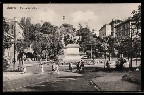 AK Genova, Piazza Corvetto con monumento e passanti