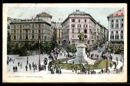 AK Genova, Piazza Corvetto mit Statue und umliegenden Gebäuden