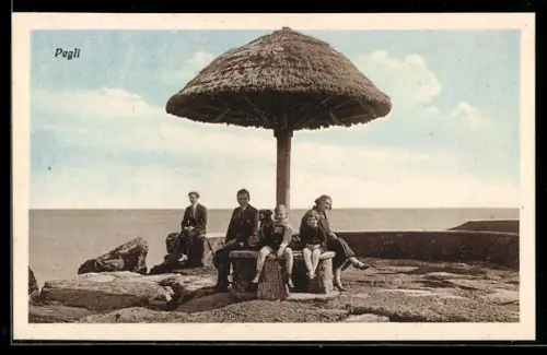 AK Pegli, Persone sedute sotto un ombrellone di paglia sulla costa