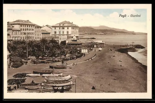 AK Pegli, Giardini e spiaggia con barche sulla costa