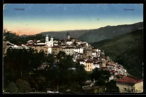 AK Ceriana, Panorama del villaggio circondato da colline verdi