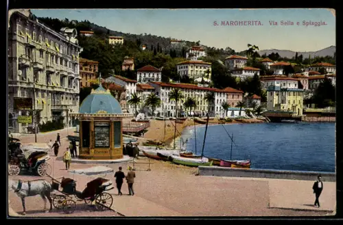 AK S. Margherita, Via Sella e Spiaggia con carrozze e barche sul lungomare