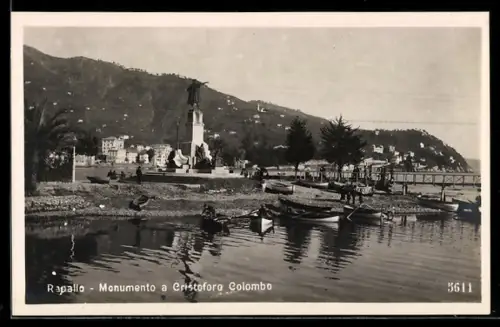 AK Rapallo, Monumento a Cristoforo Colombo con barche sullo sfondo