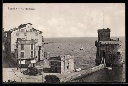 AK Rapallo, Via Montebello con Albergo e Torre sul Mare