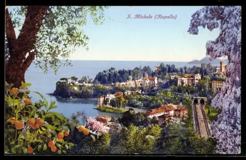 AK S. Michele /Rapallo, Vista panoramica con vegetazione lussureggiante e mare in lontananza