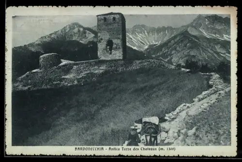 AK Bardonecchia, Antica Torre des Chateaux con montagne sullo sfondo