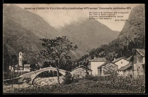 AK Traversella, Fondo di Valchiusella, Paesaggio montano con case e ponte di pietra