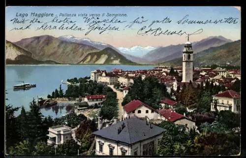 AK Pallanza /Lago Maggiore, Vista verso il Sempione con battello sul lago