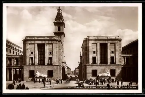 AK Torino, Via Roma e statue del Po e della Dora