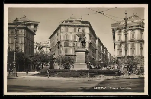AK Genova, Piazza Corvetto con statua e edifici storici