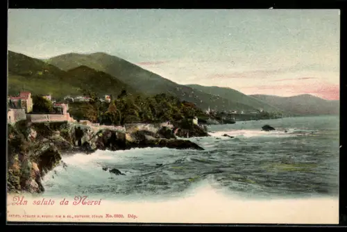 AK Nervi, Vista costiera con onde e colline sullo sfondo