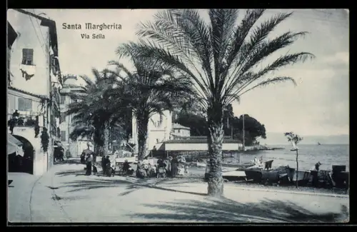 AK Santa Margherita Ligure, Via Sella con palme e vista sul mare