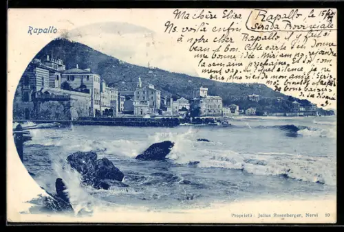 AK Rapallo, Vista sulla costa con onde in primo piano