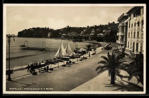 AK Rapallo, Passeggiata a mare con vele e palme sul lungomare