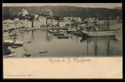 AK Santa Margherita Ligure, Veduta del porto con barche a vela e edifici storici sullo sfondo