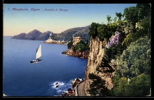 AK S. Margherita Ligure, Castello di Paraggi con barca a vela sul mare