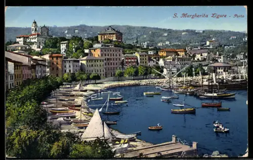 AK S. Margherita Ligure, Porto con barche e paesaggio collinare sullo sfondo