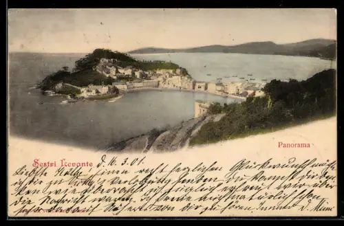AK Sestri Levante, Panorama della baia con edifici storici e colline sullo sfondo