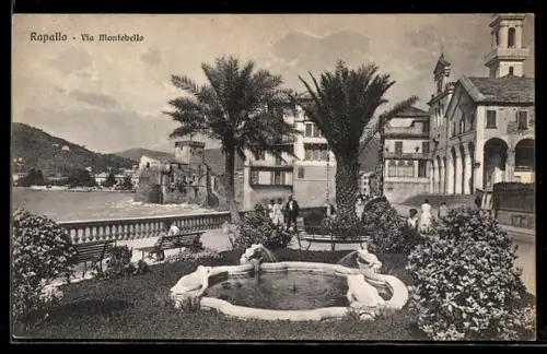 AK Rapallo, Via Montebello con giardino e fontana elegante sul lungomare