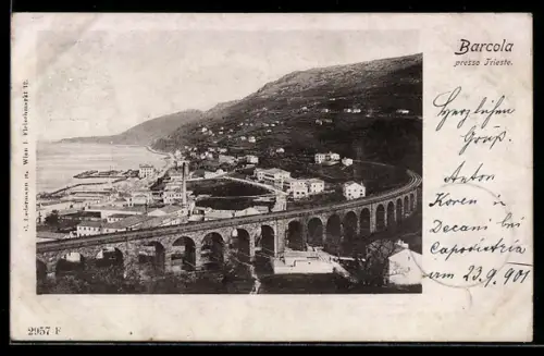 AK Barcola presso Trieste, Vista panoramica con viadotto e mare sullo sfondo