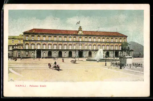 AK Napoli, Palazzo Reale e piazza con carrozza e fontana
