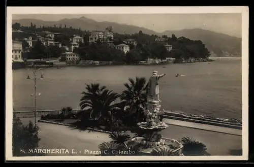 AK S. Margherita L., Piazza C. Colombo, vista sul mare e statue