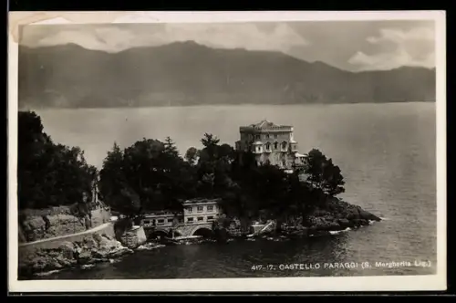 AK S. Margherita Ligure, Castello Paraggi con vista sul mare e montagne sullo sfondo