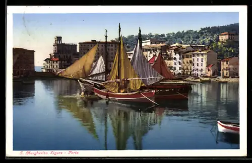 AK S. Margherita Ligure, Porto con barche a vela colorate e edifici storici sullo sfondo