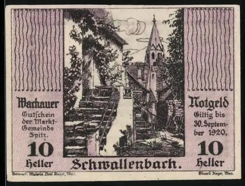 Notgeld Schwallenbach 1920, 10 Heller, malerische Dorfszene mit Kirchturm und Treppe