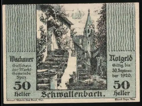 Notgeld Schwallenbach 1920, 50 Heller, malerische Ortsansicht mit Kirchturm und Mond