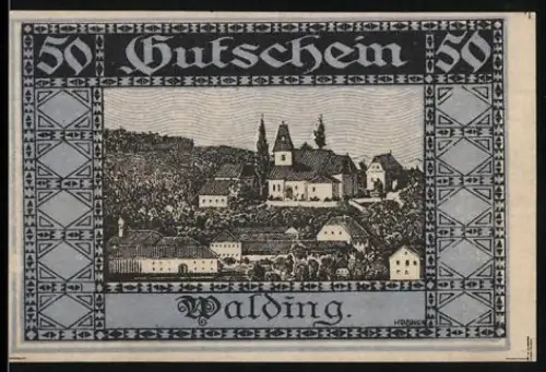 Notgeld Walding 1920, 50 Heller, Ortsansicht mit Gebäuden und Landschaft
