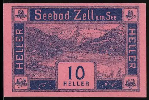 Notgeld Zell am See 1920, 10 Heller, Landschaft mit See und Bergen, Wappen mit Heiligem