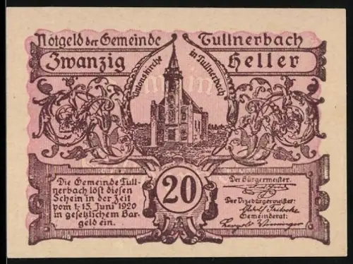 Notgeld Tullnerbach 1920, 20 Heller, Kirche mit Verzierungen