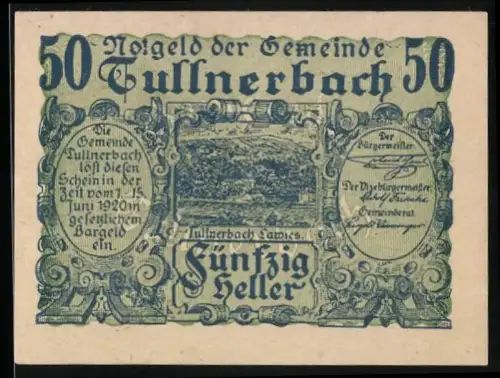 Notgeld Tullnerbach 1920, 50 Heller, Landschaftsmotiv mit dekorativem Rahmen und Textfeldern