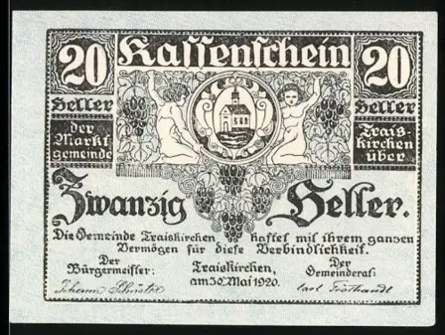 Notgeld Traiskirchen 1920, 20 Heller, Stadtwappen mit Putten und Traubenornamenten