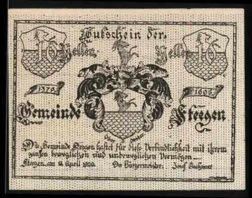 Notgeld Steegen 1920, 10 Heller, Wappen und Schriftzug