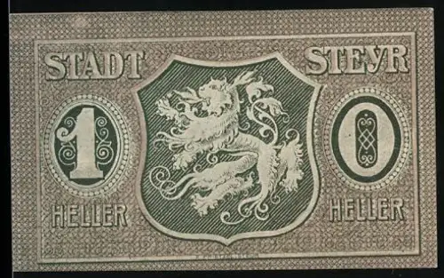 Notgeld Steyr 1921, 10 Heller, Löwenwappen und Arbeiter mit Hammer und Amboss