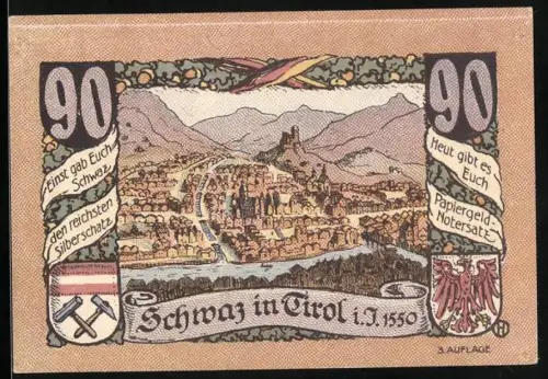 Notgeld Schwaz in Tirol 1921, 90 Heller, Ortsansicht und Adler mit Festung