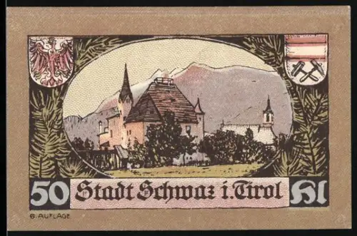 Notgeld Schwaz i. Tirol 1921, 50 Heller, Burg und Georg von Frundsberg mit Wappen