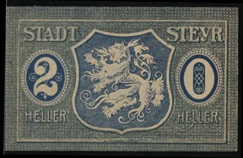 Notgeld Steyr 1921, 20 Heller, Löwe im Wappen und Arbeiter mit Hammer und Amboss