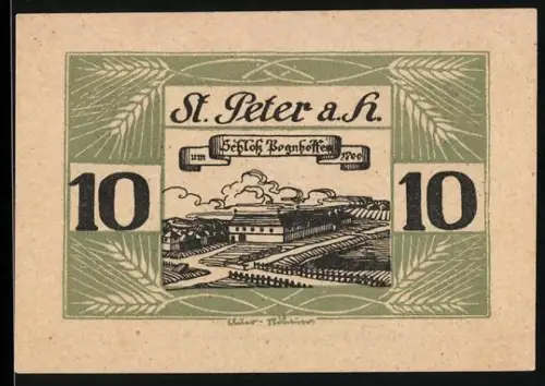 Notgeld St. Peter a. H. 1920, 10 Heller, Schloss Bonhofen mit dekorativem Rahmen