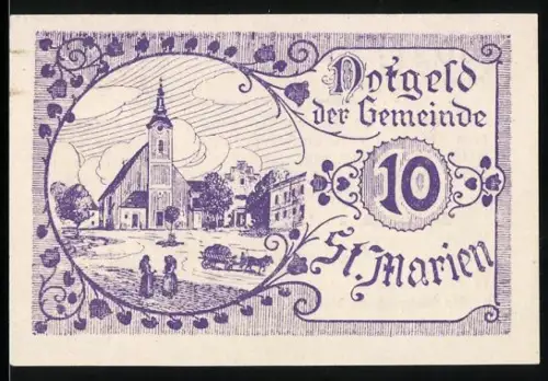 Notgeld St. Marien 1920, 10 Heller, Kirche und Ortsansicht mit Personen und Kutsche