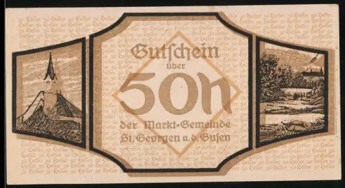 Notgeld St. Georgen a. d. Gusen, 50 Heller, Kirche, Landschaft, Hand mit Lupe über Karte