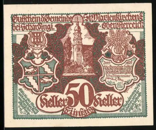 Notgeld St. Marienkirchen 1920, 50 Heller, Kirche und Pferde mit Fohlen