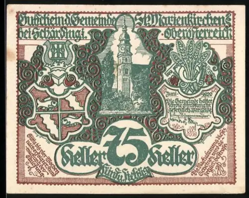 Notgeld St. Marienkirchen 1920, 75 Heller, Kirchturm und Landschaft mit Getreidehocken