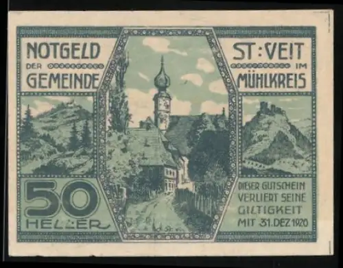 Notgeld St. Veit im Mühlkreis 1920, 50 Heller, ländliche Szene mit Kirche und Burgruine