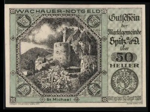 Notgeld Spitz a. d. Donau 1920, 50 Heller, Burgruine und Landschaft bei Nacht