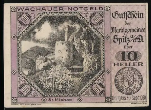 Notgeld Spitz a. d. D. 1920, 10 Heller, Burg und Landschaftspanorama