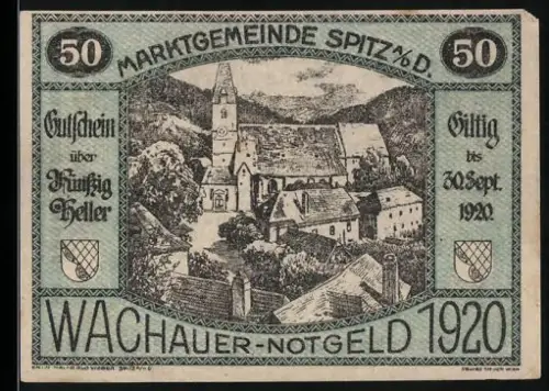 Notgeld Spitz a. d. Donau 1920, 50 Heller, Landschaft mit Kirche und Gebäuden, Wappen