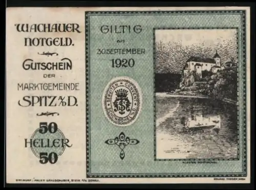Notgeld Spitz a. d. Donau 1920, 50 Heller, Abbildung einer Burg am Flussufer, Wappen von Spitz an der Donau